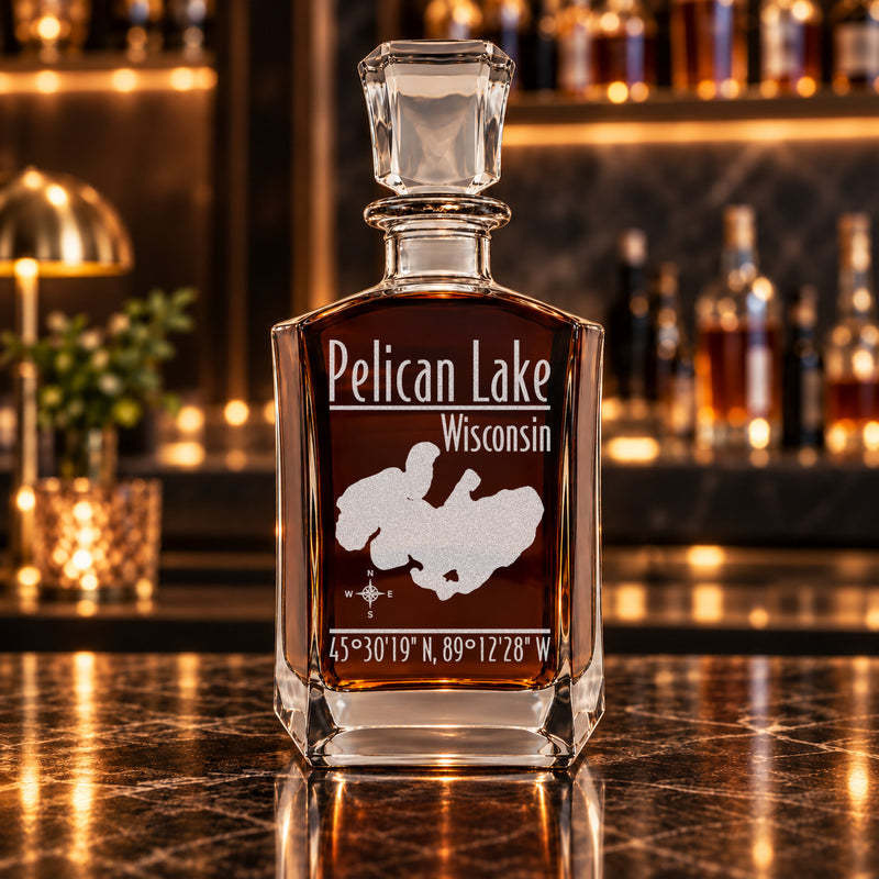 Pelican Lake Wisconsin Modern engraved six-sided whiskey decanter - decanter alone