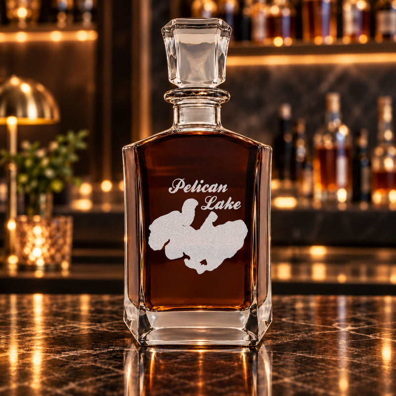 Pelican Lake Wisconsin Minimalist engraved six-sided whiskey decanter - decanter alone