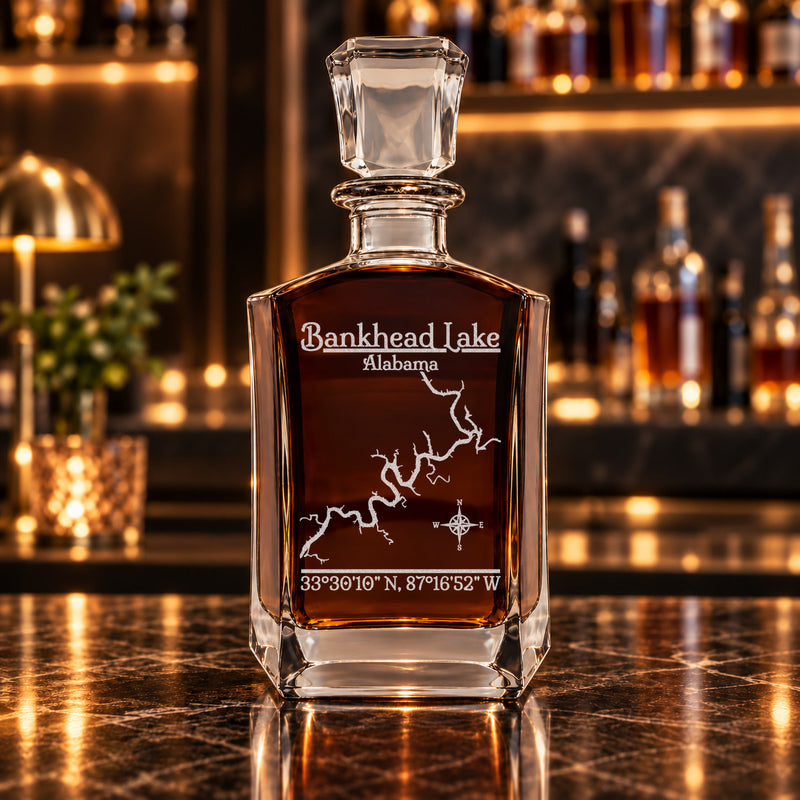 Bankhead Lake Alabama Classic engraved six-sided whiskey decanter - decanter alone