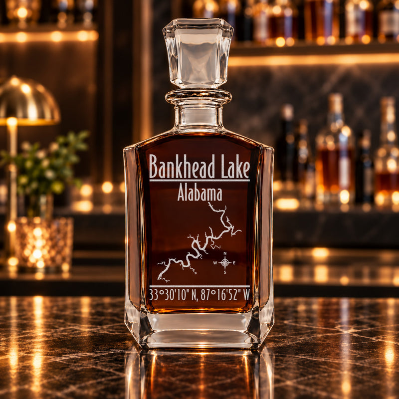 Bankhead Lake Alabama Modern engraved six-sided whiskey decanter - decanter alone