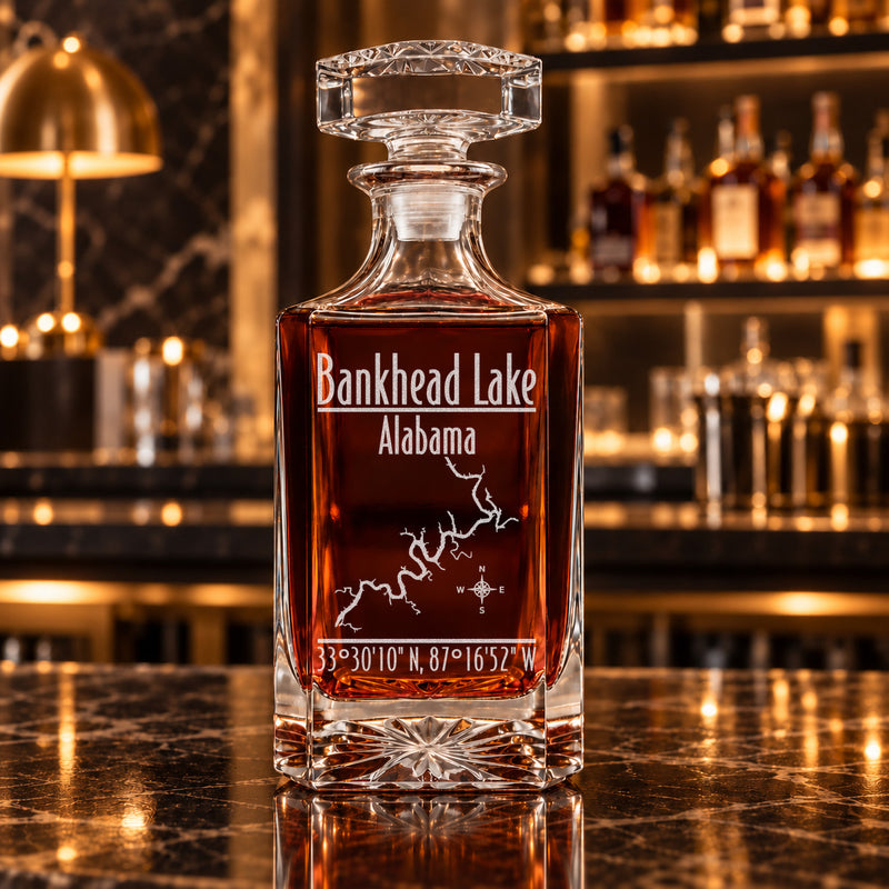 Bankhead Lake Alabama Modern engraved square whiskey decanter - decanter alone
