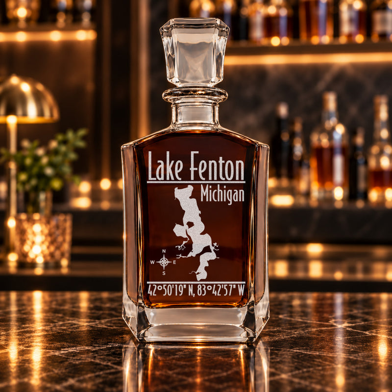 Lake Fenton Michigan Modern engraved six-sided whiskey decanter - decanter alone