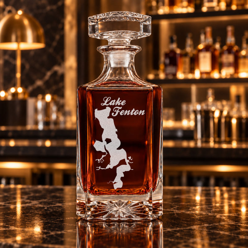 Lake Fenton Michigan Minimalist engraved square whiskey decanter - decanter alone
