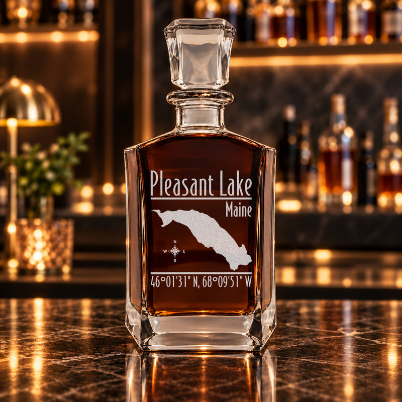 Pleasant Lake Maine Modern engraved six-sided whiskey decanter - decanter alone