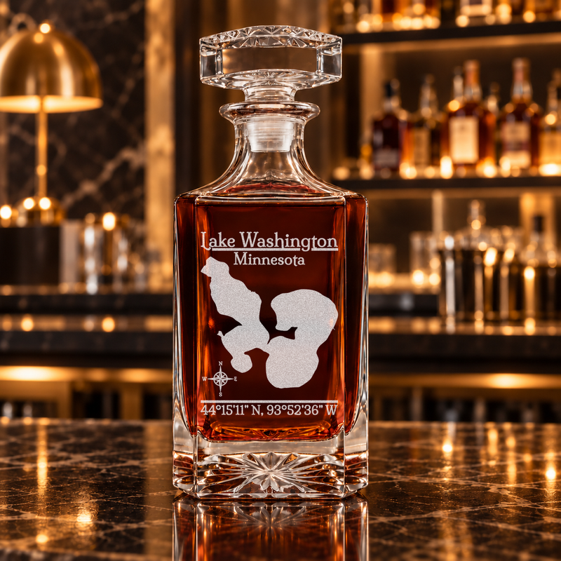 Lake Washington Minnesota Classic engraved square whiskey decanter — decanter alone in bar scene