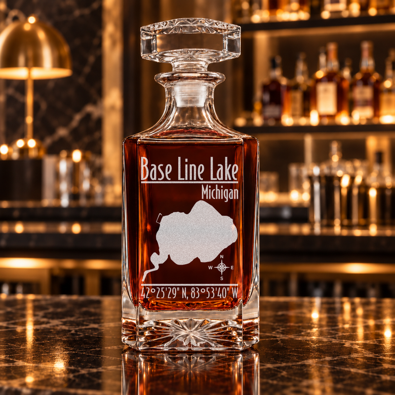 Base Line Lake Michigan Modern engraved square whiskey decanter - decanter alone
