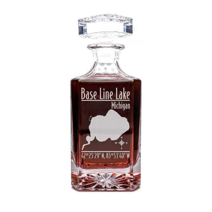 Base Line Lake Michigan Modern engraved square whiskey decanter - light lifestyle scene