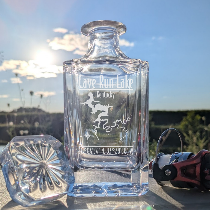 Cave Run Lake Kentucky Modern engraved square whiskey decanter - fishing lifestyle scene