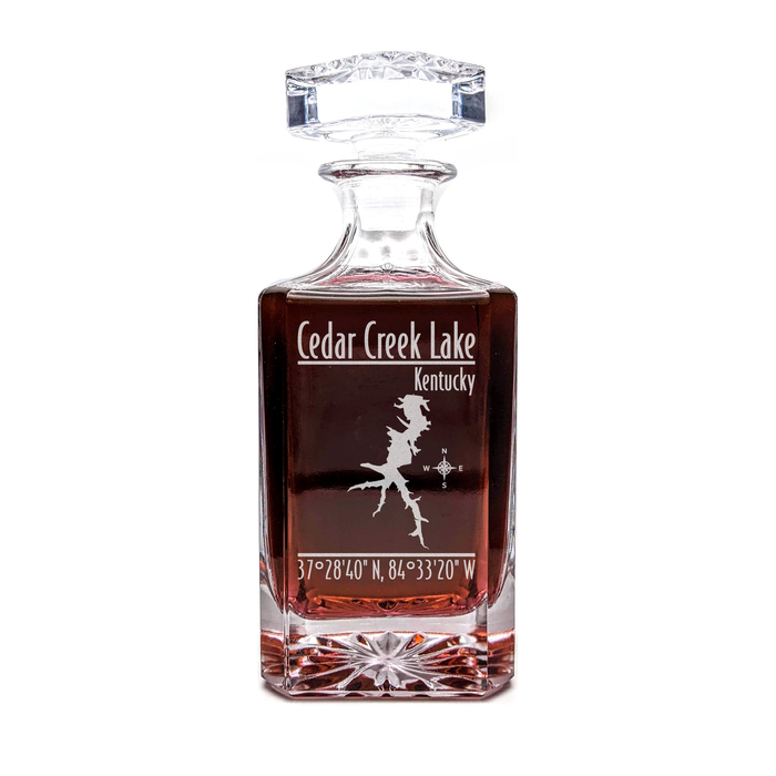 Cedar Creek Lake Kentucky Modern engraved square whiskey decanter - light lifestyle scene