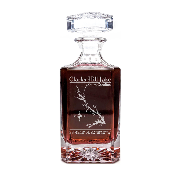 Clarks Hill Lake South Carolina Classic engraved square whiskey decanter - light lifestyle scene