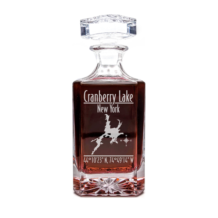 Cranberry Lake New York Modern engraved square whiskey decanter - light lifestyle scene