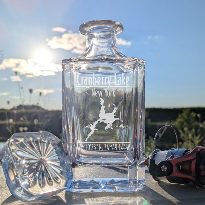 Cranberry Lake New York Modern engraved square whiskey decanter - fishing lifestyle scene