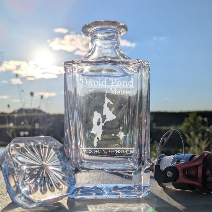 David Pond Maine Classic engraved square whiskey decanter - fishing lifestyle scene