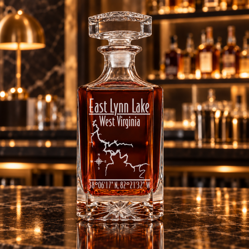 East Lynn Lake West Virginia Modern engraved square whiskey decanter - decanter alone