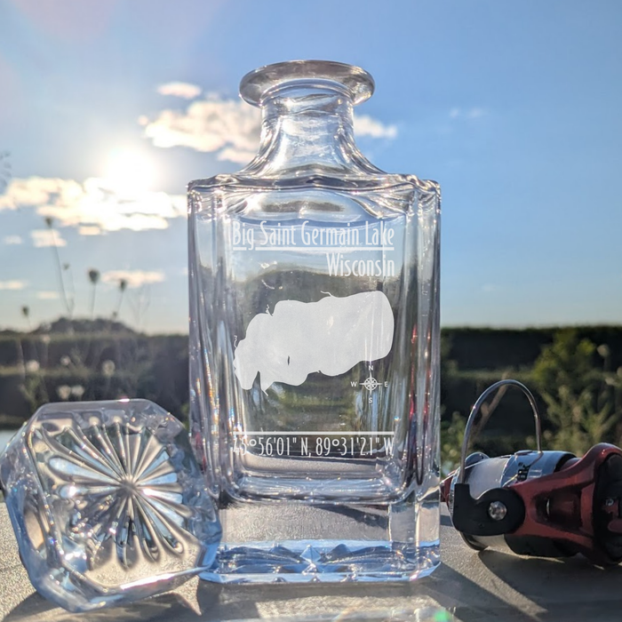 Big Saint Germain Lake Wisconsin Modern engraved square whiskey decanter - fishing lifestyle scene