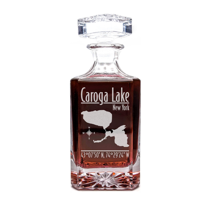 Caroga Lake New York Modern engraved square whiskey decanter - light lifestyle scene