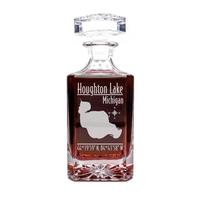 Houghton Lake Michigan Modern engraved square whiskey decanter - light lifestyle scene