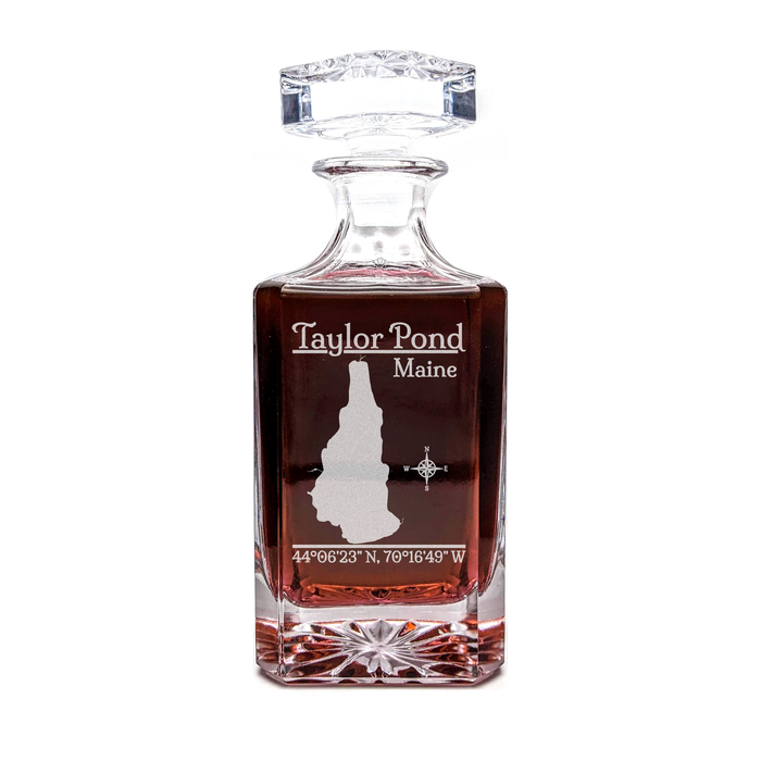 Taylor Pond Maine Classic engraved square whiskey decanter - light lifestyle scene