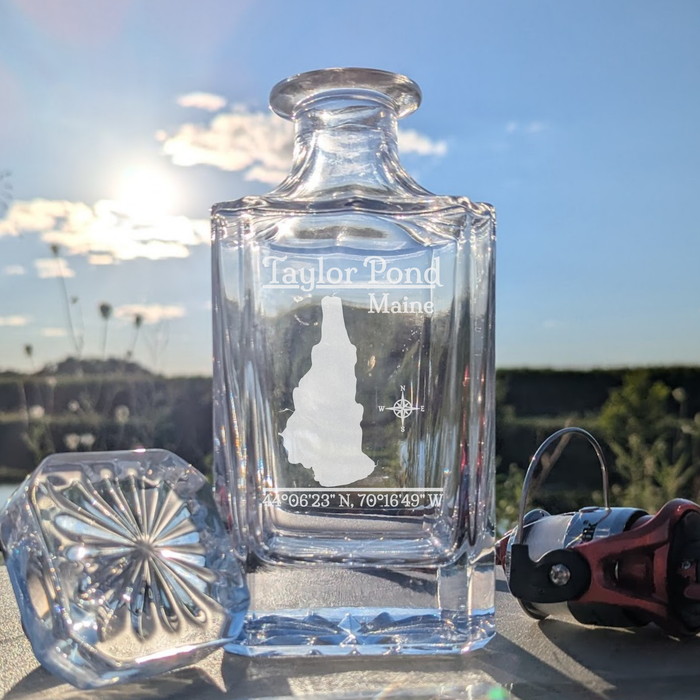 Taylor Pond Maine Classic engraved square whiskey decanter - fishing lifestyle scene