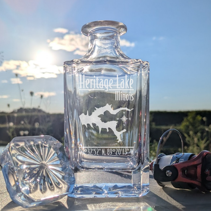 Heritage Lake Illinois Modern engraved square whiskey decanter - fishing lifestyle scene
