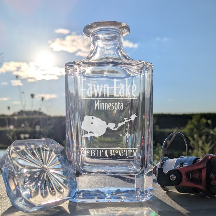 Fawn Lake Minnesota Modern engraved square whiskey decanter - fishing lifestyle scene