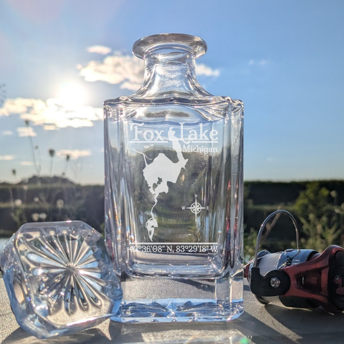 Fox Lake Michigan Classic engraved square whiskey decanter - fishing lifestyle scene