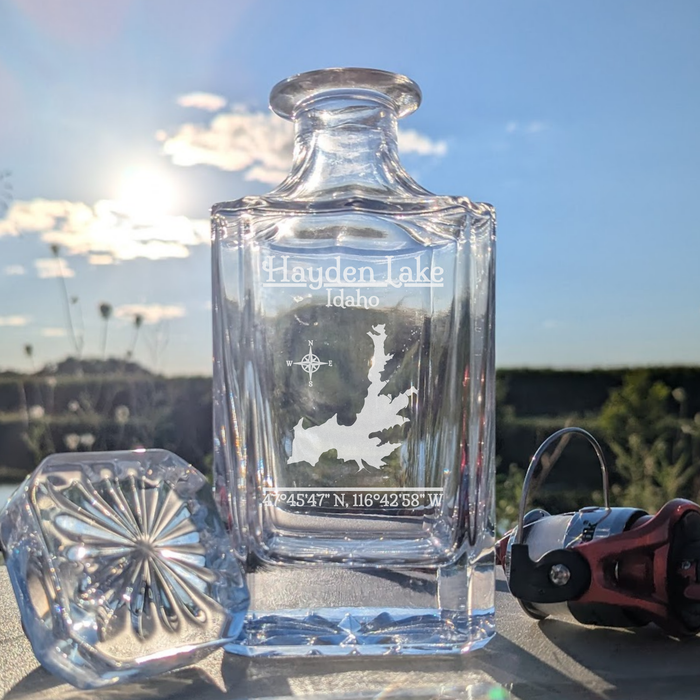 Hayden Lake Idaho Classic engraved square whiskey decanter - fishing lifestyle scene