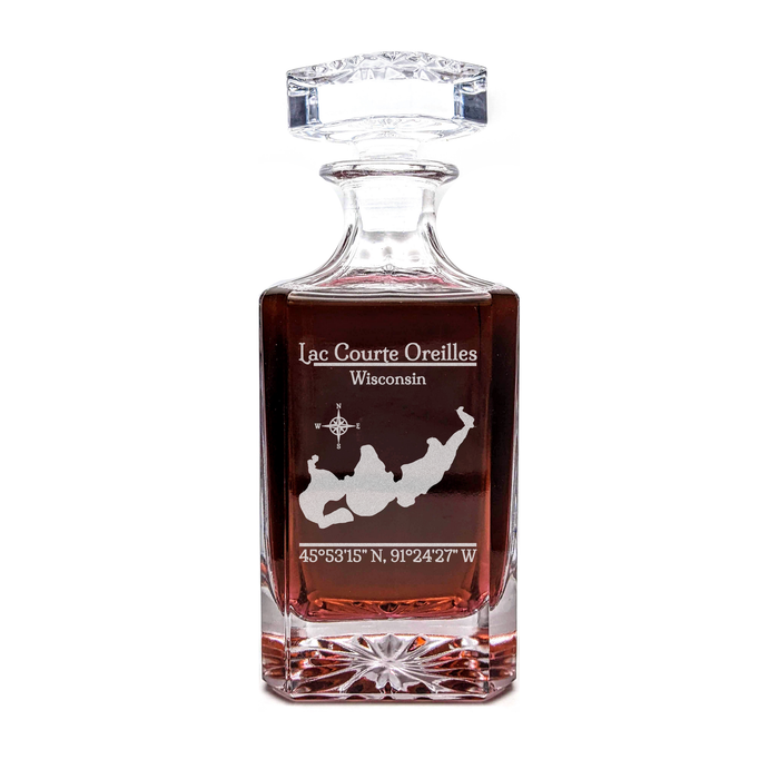 Lac Courte Oreilles Wisconsin Classic engraved square whiskey decanter - light lifestyle scene