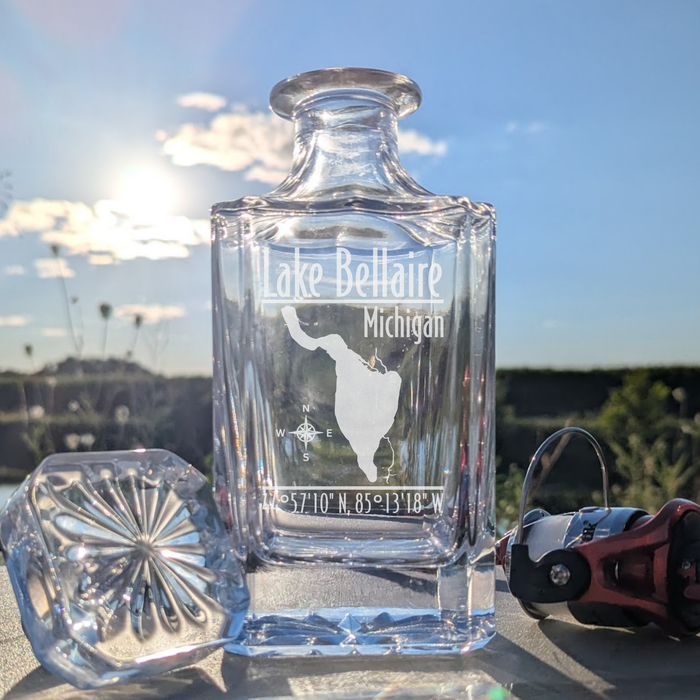 Lake Bellaire Michigan Modern engraved square whiskey decanter - fishing lifestyle scene