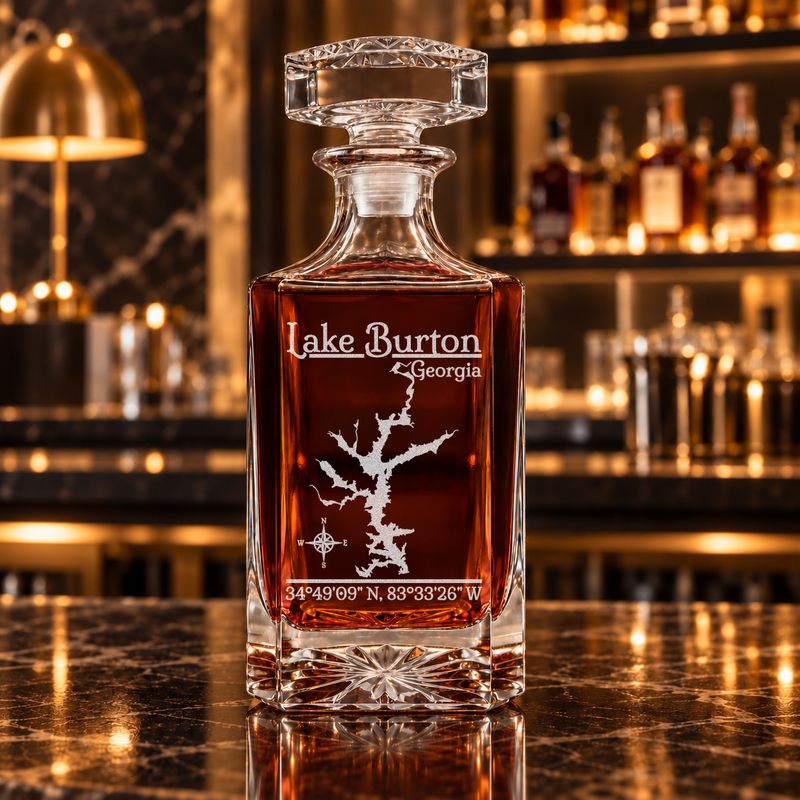 Lake Burton Georgia Classic engraved square whiskey decanter - decanter alone