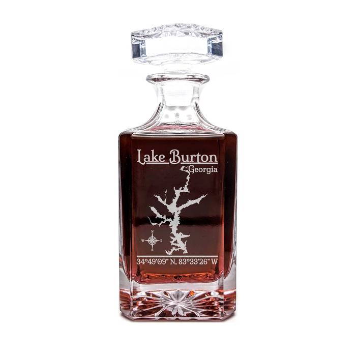 Lake Burton Georgia Classic engraved square whiskey decanter - light lifestyle scene