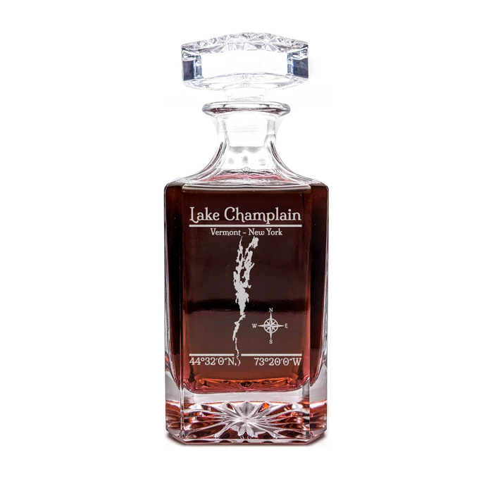 Lake Champlain Vermont Classic engraved square whiskey decanter - light lifestyle scene