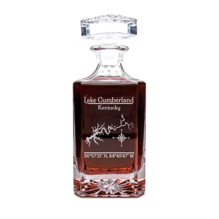 Lake Cumberland Kentucky Classic engraved square whiskey decanter - light lifestyle scene