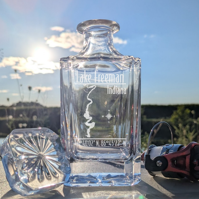 Lake Freeman Indiana Modern engraved square whiskey decanter - fishing lifestyle scene