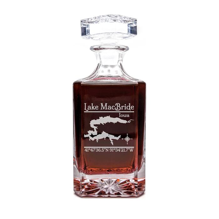 Lake Macbride Iowa Classic engraved square whiskey decanter - light lifestyle scene