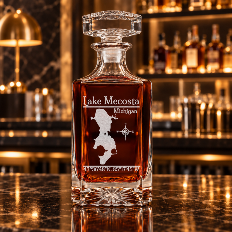 Lake Mecosta Michigan Classic engraved square whiskey decanter - decanter alone