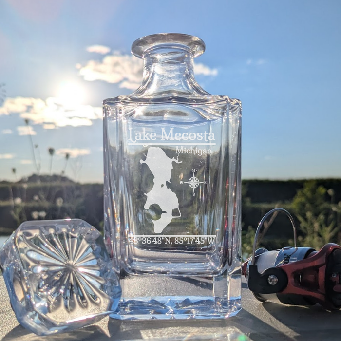 Lake Mecosta Michigan Classic engraved square whiskey decanter - fishing lifestyle scene