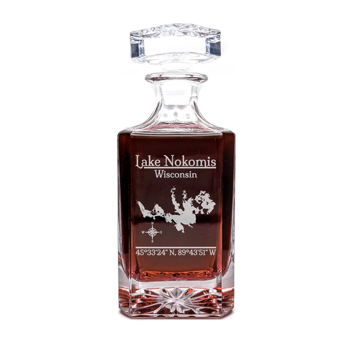 Lake Nokomis Wisconsin Classic engraved square whiskey decanter - light lifestyle scene