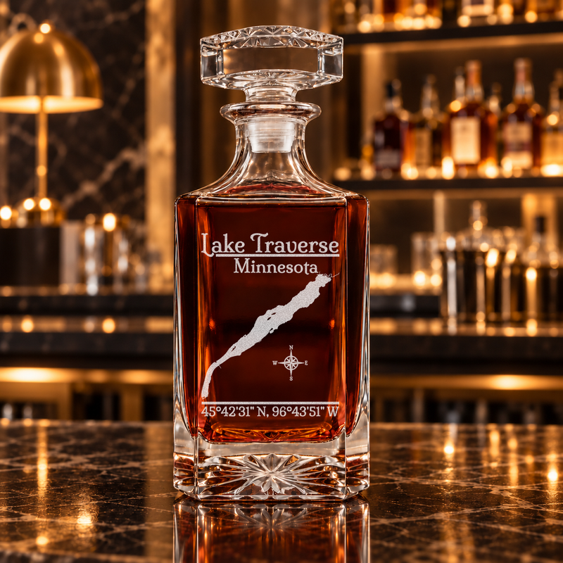 Lake Traverse Minnesota Classic engraved square whiskey decanter - decanter alone