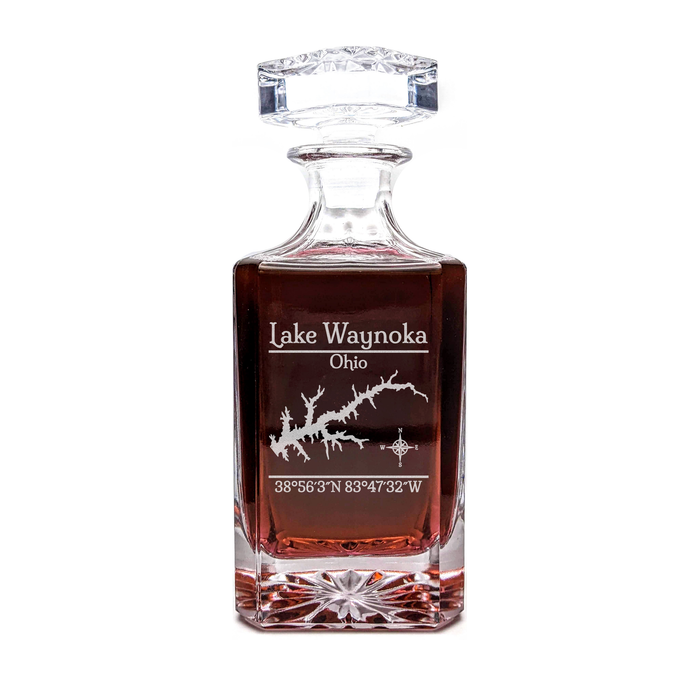 Lake Waynoka Ohio Classic engraved square whiskey decanter - light lifestyle scene