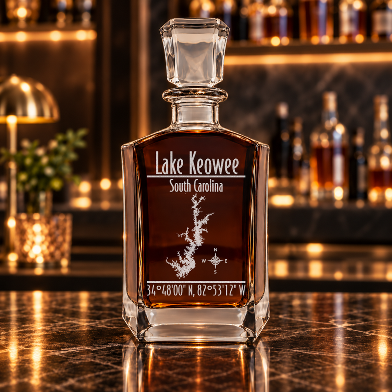 Lake Keowee South Carolina Modern engraved six-sided whiskey decanter - decanter alone