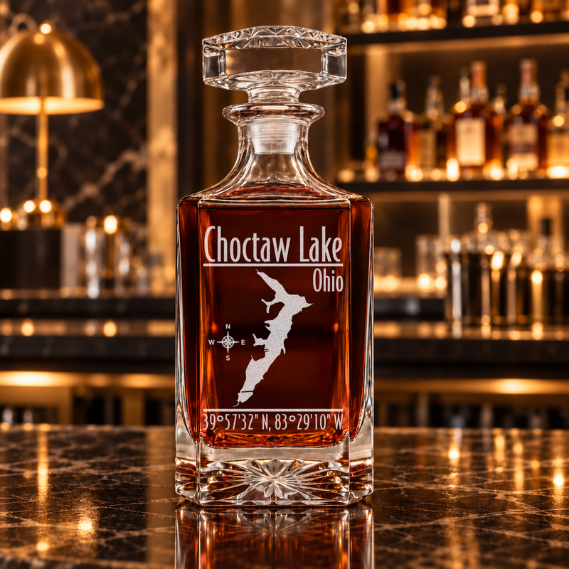 Choctaw Lake Ohio Modern engraved square whiskey decanter - decanter alone