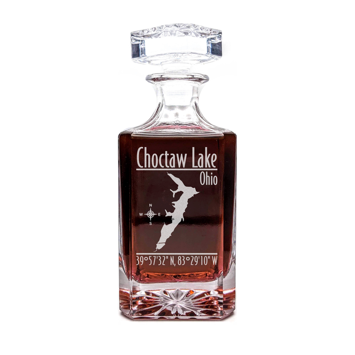 Choctaw Lake Ohio Modern engraved square whiskey decanter - light lifestyle scene