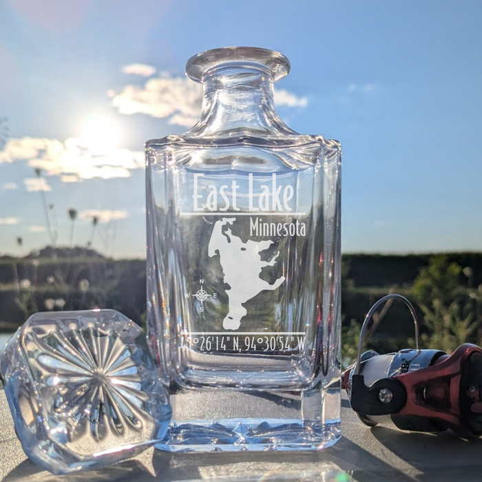 East Lake Minnesota Modern engraved square whiskey decanter - fishing lifestyle scene