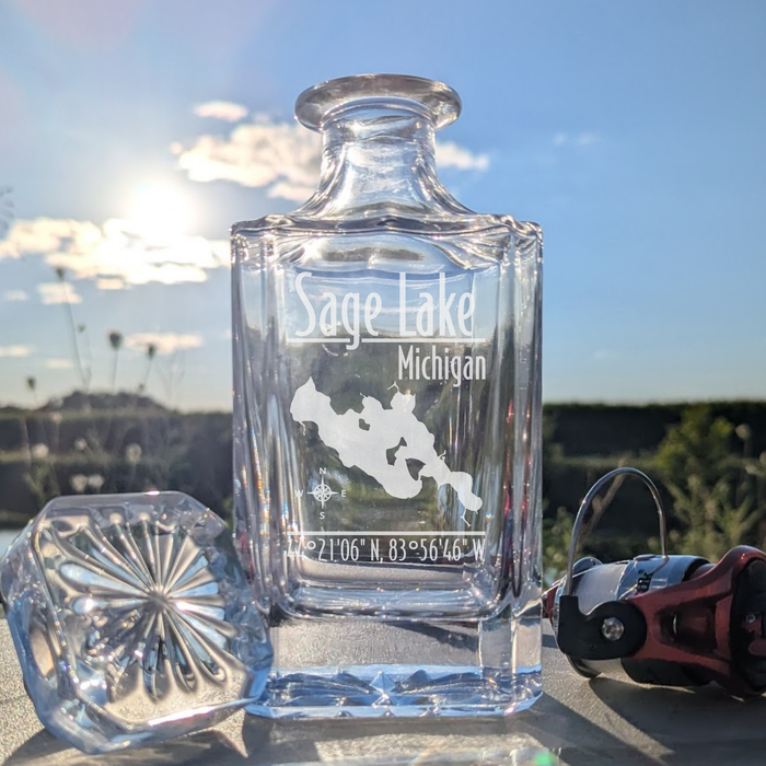 Sage Lake Michigan Modern engraved square whiskey decanter - fishing lifestyle scene