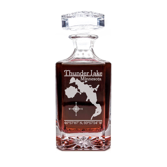 Thunder Lake Minnesota Classic engraved square whiskey decanter - light lifestyle scene