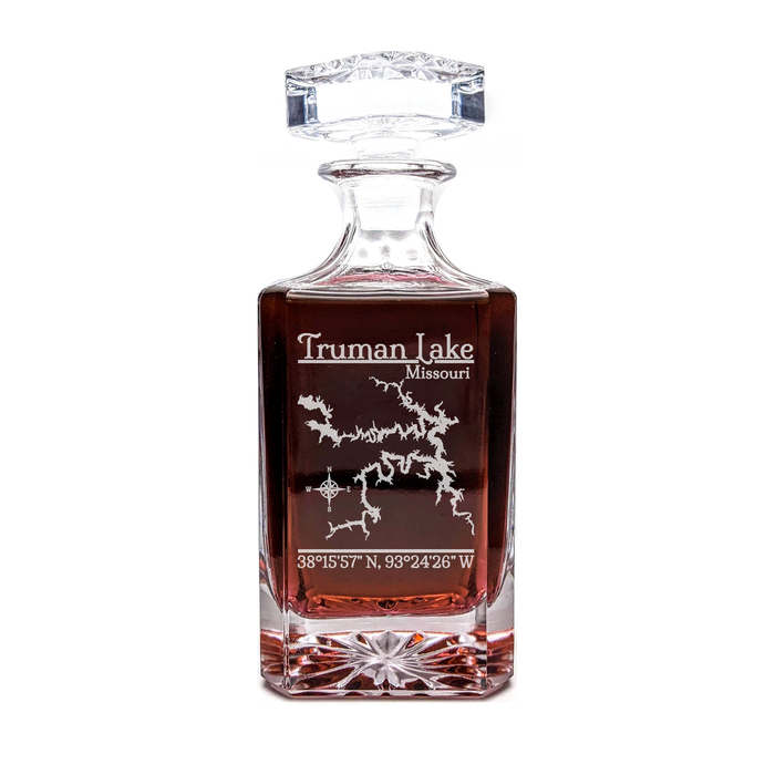 Truman Lake Missouri Classic engraved square whiskey decanter - light lifestyle scene