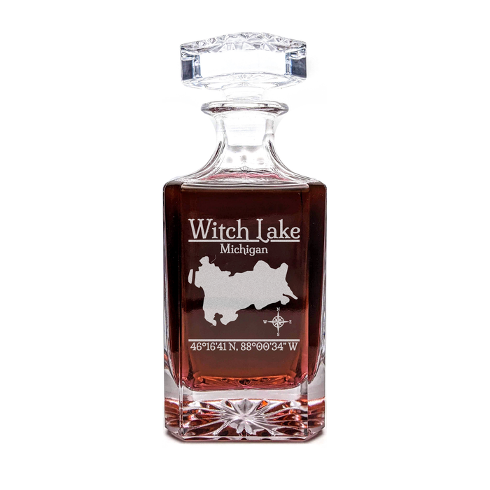 Witch Lake Michigan Classic engraved square whiskey decanter - light lifestyle scene