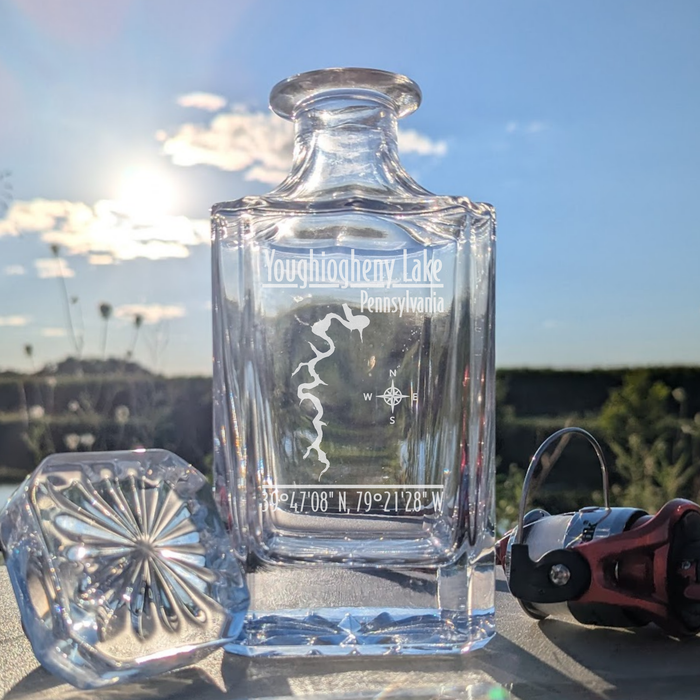 Youghiogheny Lake Pennsylvania Modern engraved square whiskey decanter - fishing lifestyle scene