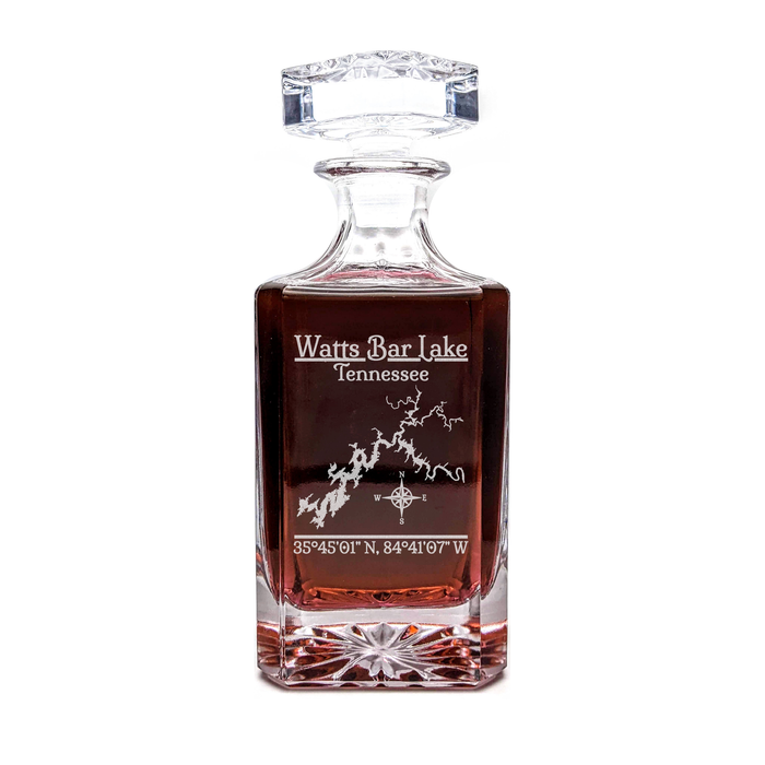 Watts Bar Lake Tennessee Classic engraved square whiskey decanter - light lifestyle scene